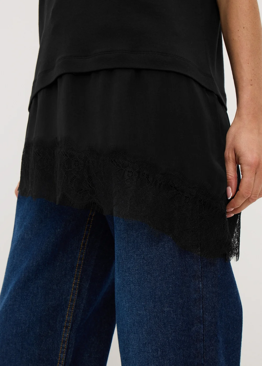 Black Satin Lace Hem T-Shirt - 16 Image 3