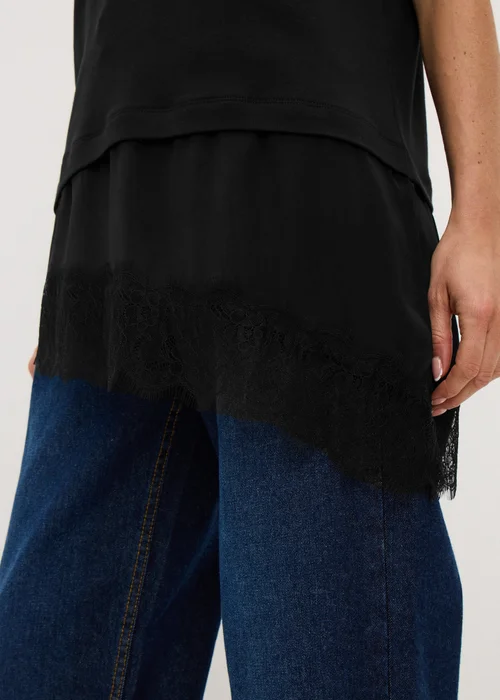 Black Satin Lace Hem T-Shirt - 16 Image 3