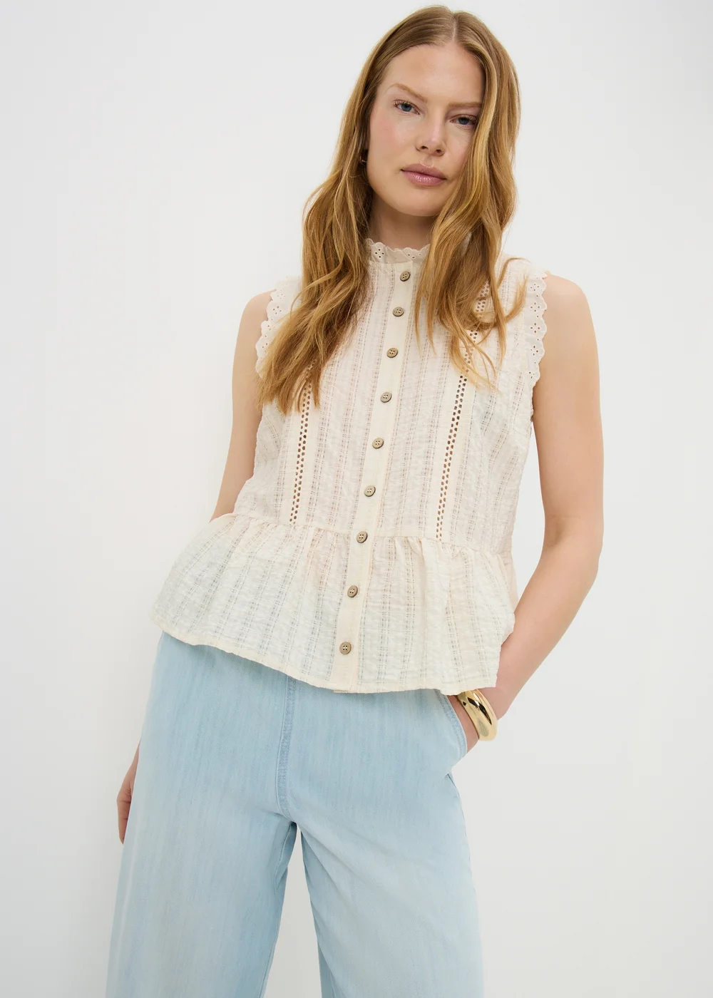 Cream Lace Peplum Sleeveless Blouse - 8 Image 1