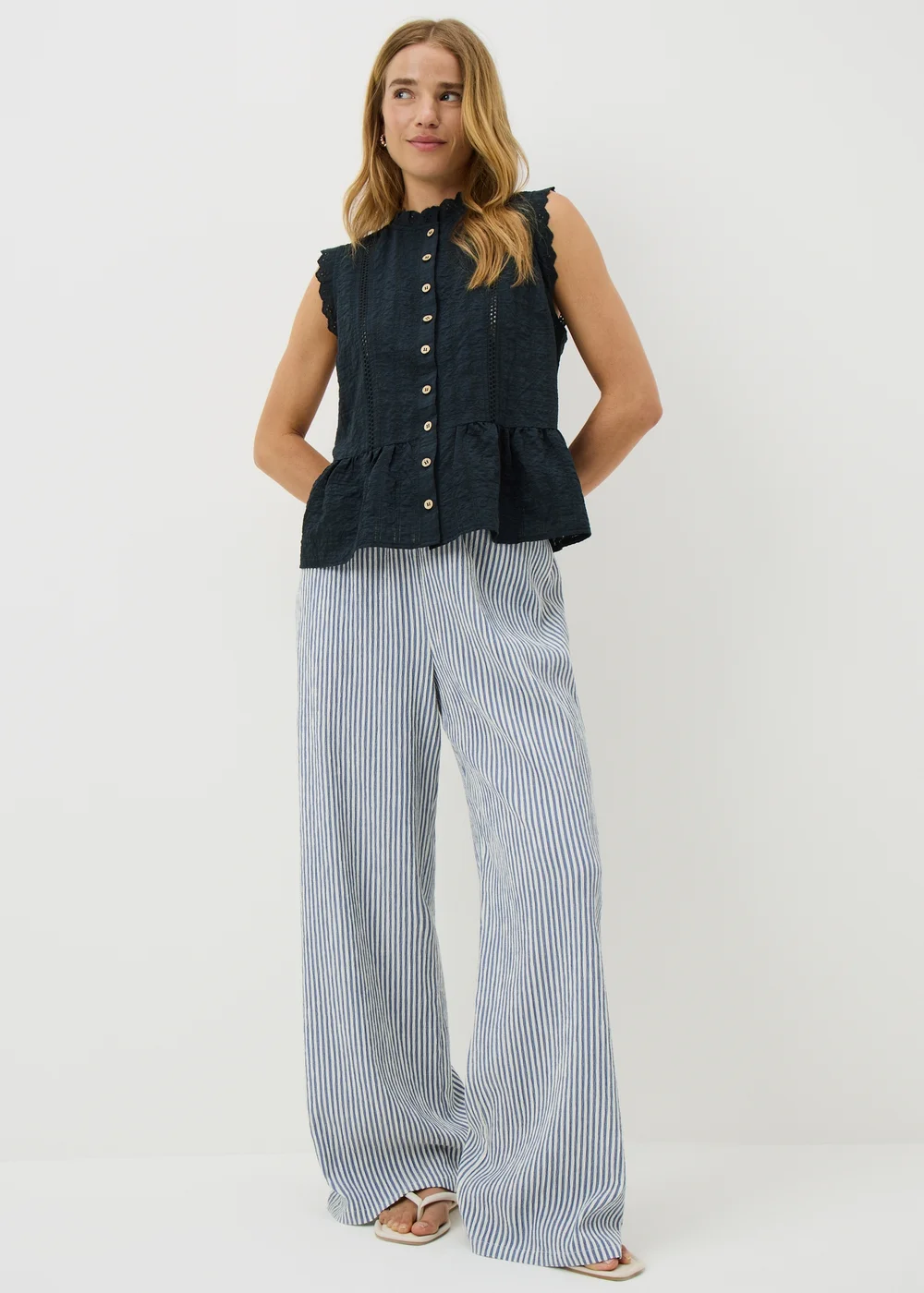 Navy Lace Peplum Sleeveless Blouse - 8 Image 1