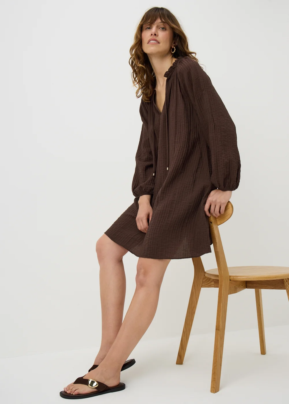 Chocolate Brown Textured Tie Neck Mini Dress - 8 Image 1