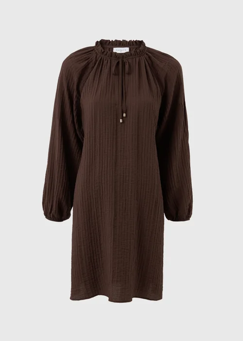Chocolate Brown Textured Tie Neck Mini Dress - 8 Image 3