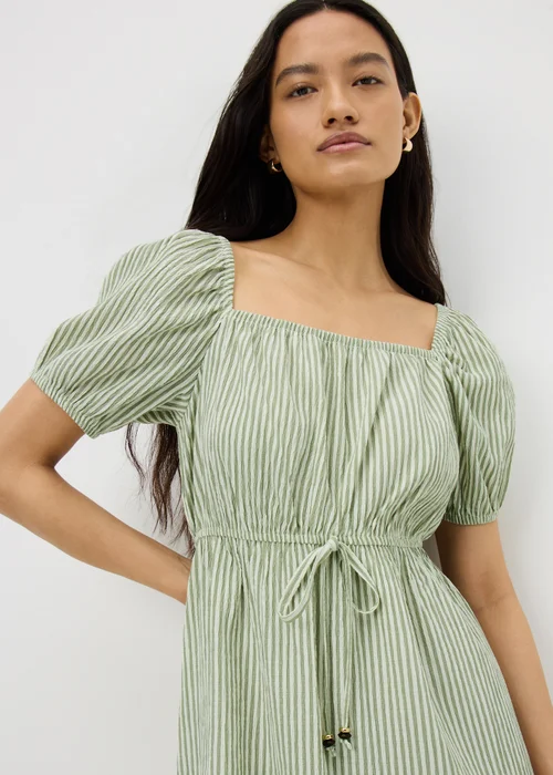 Green Stripe Shirred Tie Waist Mini Dress - 26 Image 3