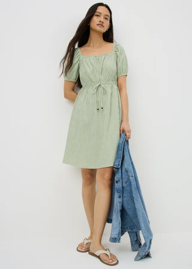 Green Stripe Shirred Tie Waist Mini Dress
