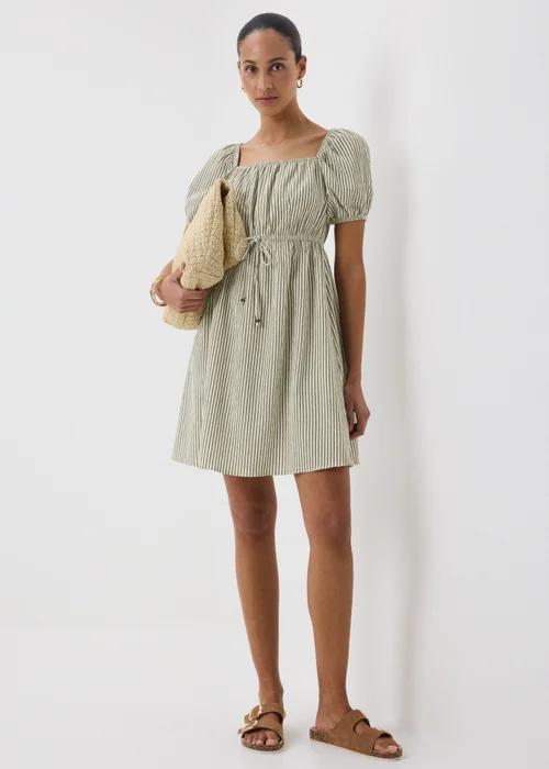 Chocolate Brown Stripe Shirred Tie Waist Mini Dress - 24 Image 1