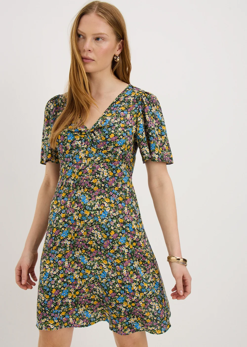 Black Ditsy Floral Print Mini Tea Dress - 8 Image 1