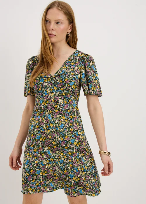 Black Ditsy Floral Print Mini Tea Dress - 8 Image 1