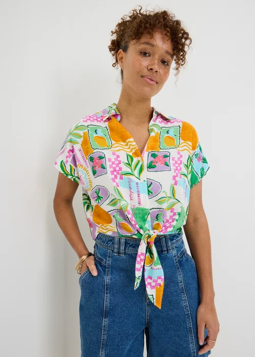 White Postcard Print Tie Front Shirt - 8 Image 1