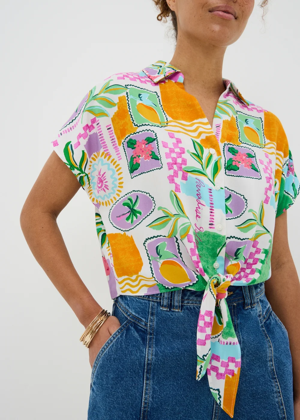 White Postcard Print Tie Front Shirt - 8 Image 3