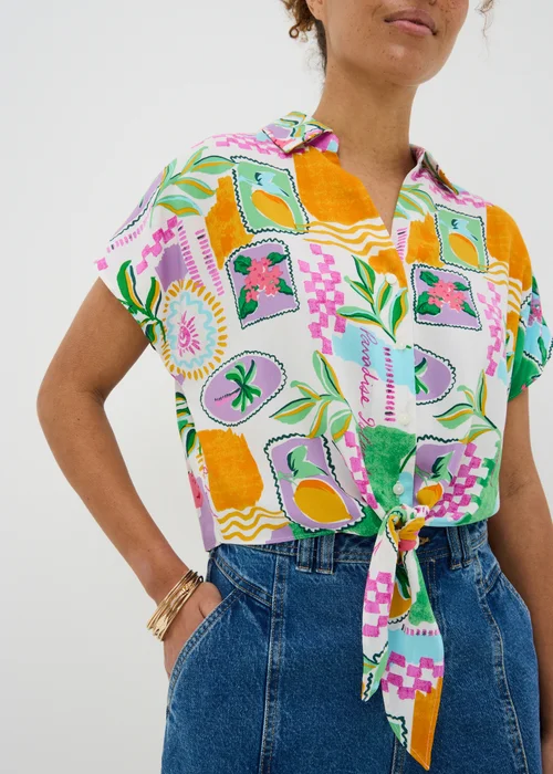 White Postcard Print Tie Front Shirt - 8 Image 3