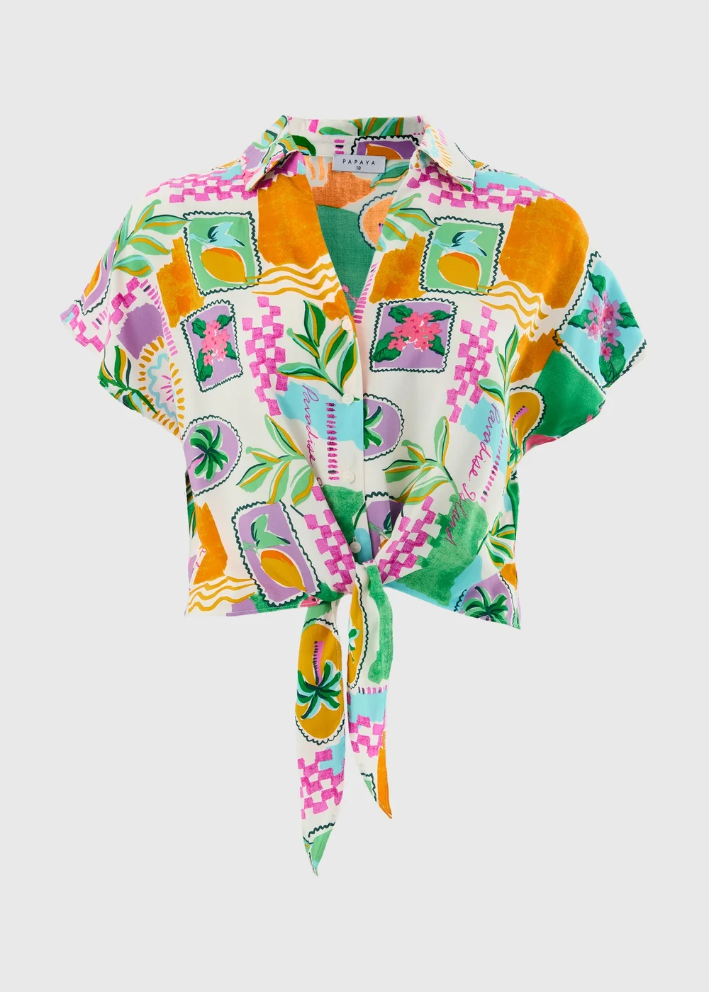 White Postcard Print Tie Front Shirt - 8 Image 4