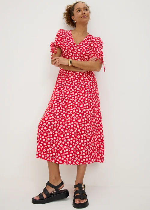 Red Ditsy Floral Midi Tea Dress - Size 14 Image 1