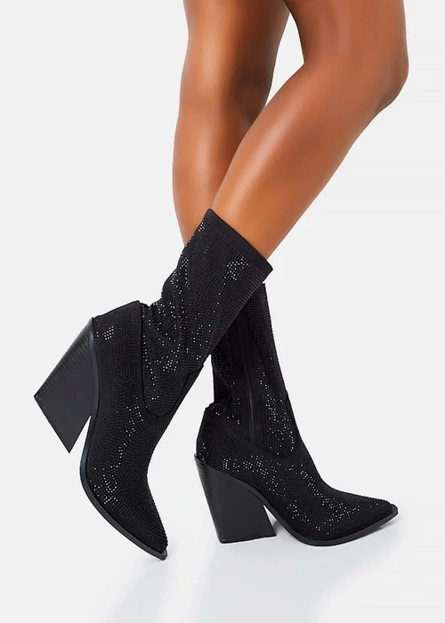 Public Desire Wild One Black Diamante Western Cowboy Pointed Toe Block Heel Ankle Boots - 3 Image 2