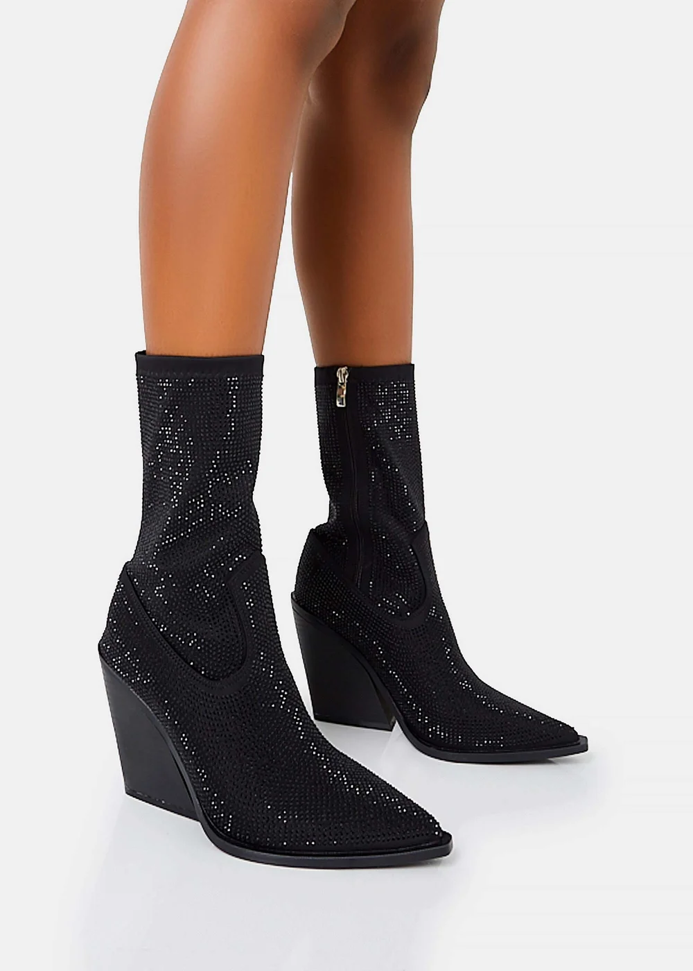Public Desire Wild One Black Diamante Western Cowboy Pointed Toe Block Heel Ankle Boots - 3 Image 1