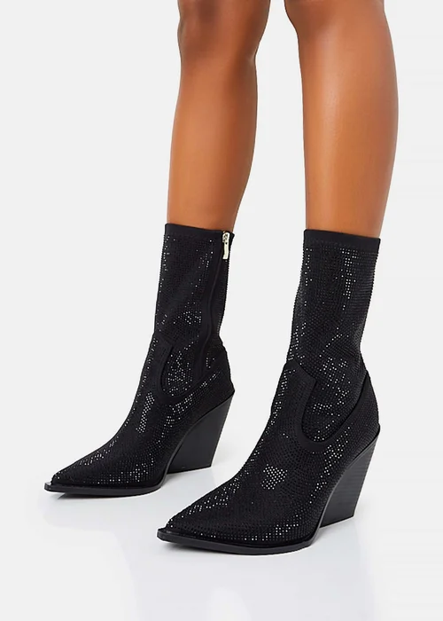 Public Desire Wild One Black Diamante Western Cowboy Pointed Toe Block Heel Ankle Boots - 3 Image 3
