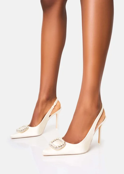Public Desire Flora Wide Fit Cream Pearl Encrusted Slingback Court Heels - 3 Image 3