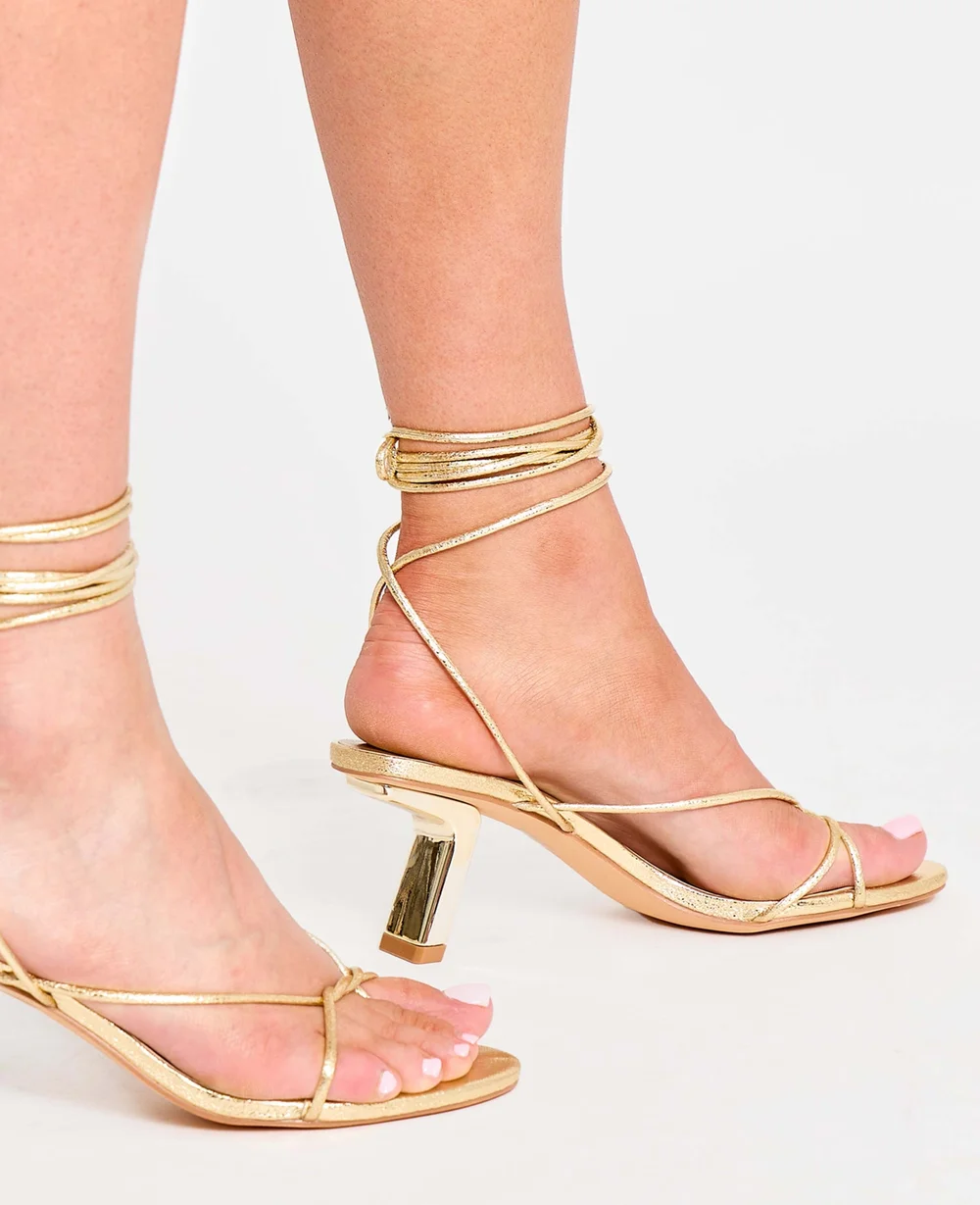 Public Desire Birdie Gold Cracked Pu Lace Up Mid Heels - 4 Image 2