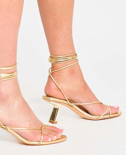 Public Desire Birdie Gold Cracked Pu Lace Up Mid Heels - 4 Image 2