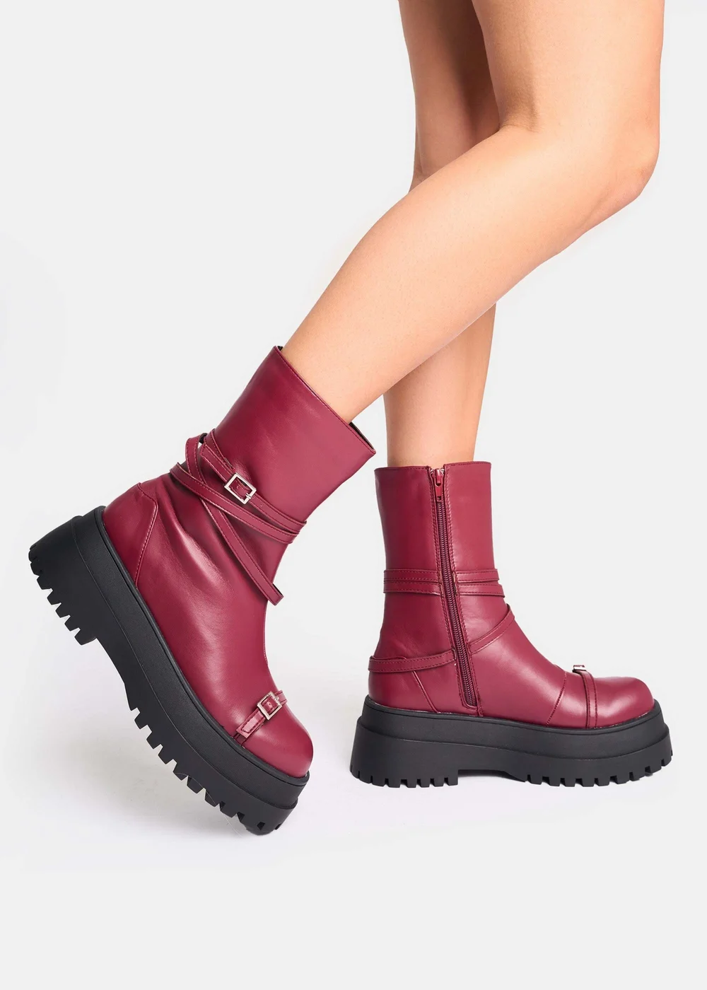 Public Desire Odessa Burgundy Multi Strap Detail Chunky Sole Ankle Boots - 8 Image 2