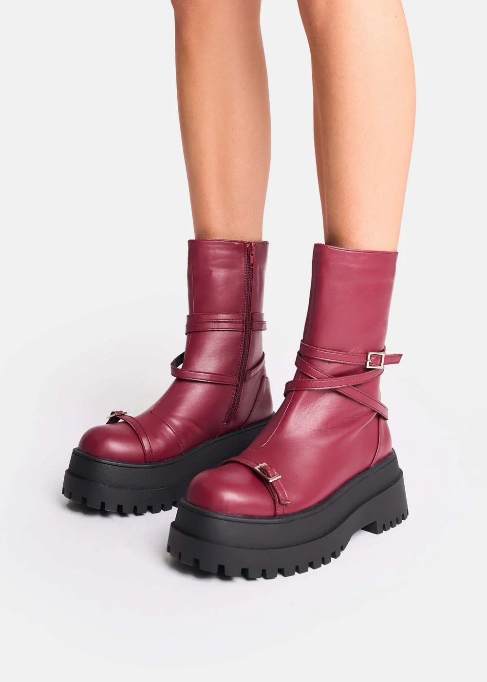 Public Desire Odessa Burgundy Multi Strap Detail Chunky Sole Ankle Boots - 8 Image 4