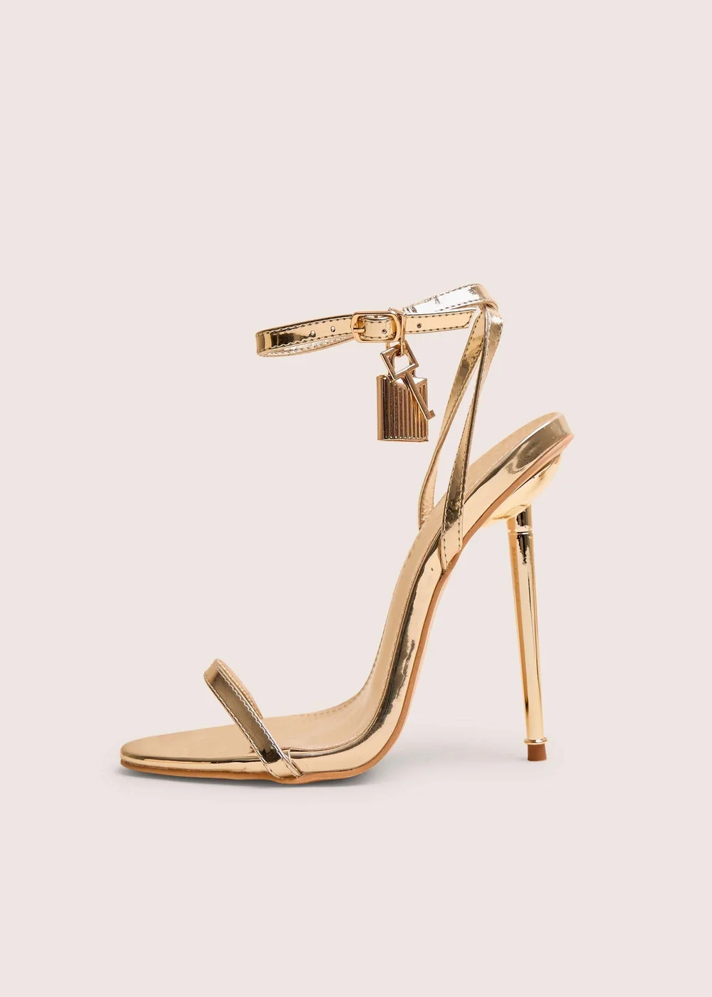 Public Desire Ti Amo Gold Wide Fit Metallic PU Padlock Detail Barely There Pointed Toe Stilettos Heels - 3 Image 1