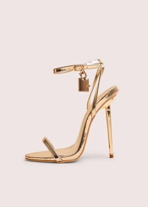 Public Desire Ti Amo Gold Wide Fit Metallic PU Padlock Detail Barely There Pointed Toe Stilettos Heels - 3 Image 1