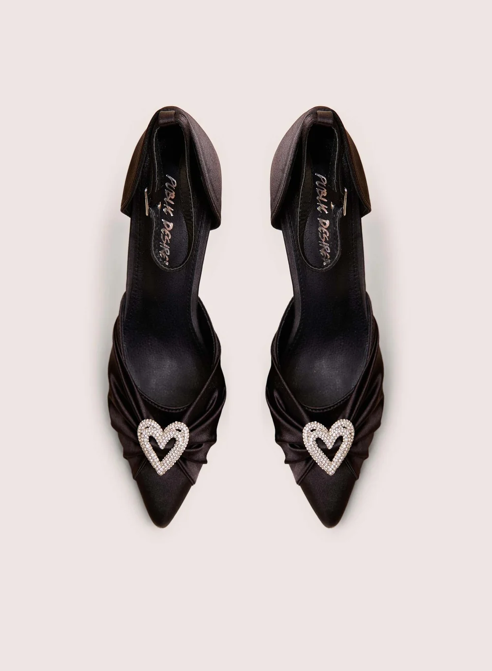 Public Desire Meant To Be Black Satin Diamante Heart Court Stiletto Heel - 8 Image 2