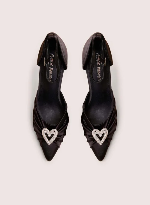 Public Desire Meant To Be Black Satin Diamante Heart Court Stiletto Heel - 8 Image 2