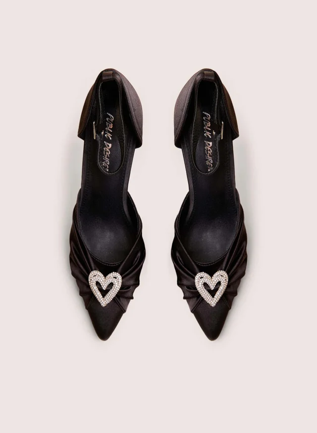 Public Desire Meant To Be Black Satin Diamante Heart Court Stiletto Heel