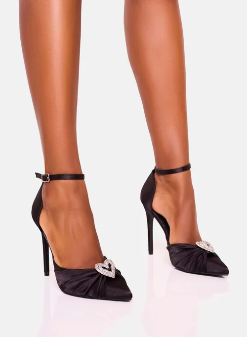 Public Desire Meant To Be Black Satin Diamante Heart Court Stiletto Heel - 8 Image 5