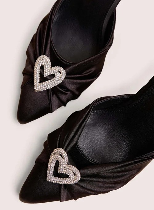 Public Desire Meant To Be Black Satin Diamante Heart Court Stiletto Heel - 8 Image 4