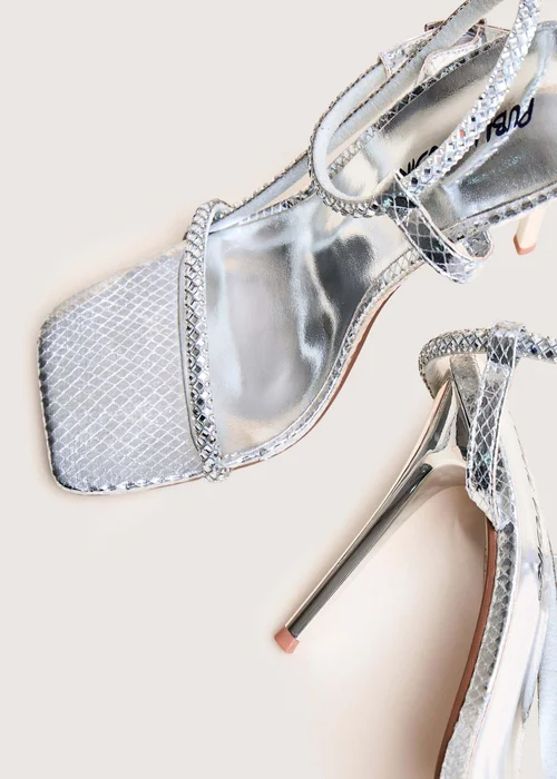 Public Desire Last Night Silver Snake Pu Diamante Strap Stiletto High Heels - 4 Image 4