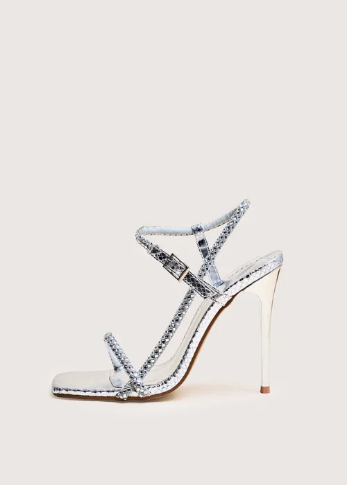 Public Desire Last Night Silver Snake Pu Diamante Strap Stiletto High Heels - 4 Image 2