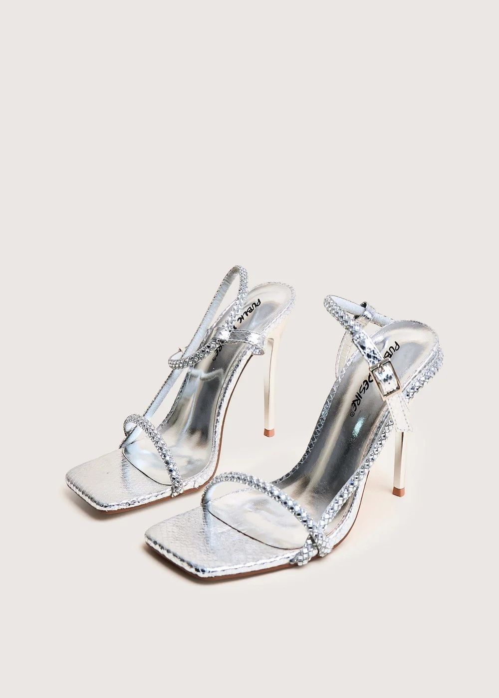Public Desire Last Night Silver Snake Pu Diamante Strap Stiletto High Heels - 4 Image 1