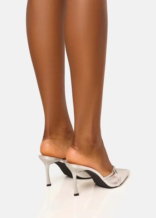 Public Desire Casanova Cracked Silver Buckle Detail Pointed Toe Mid Heel Mules - 4 Image 4