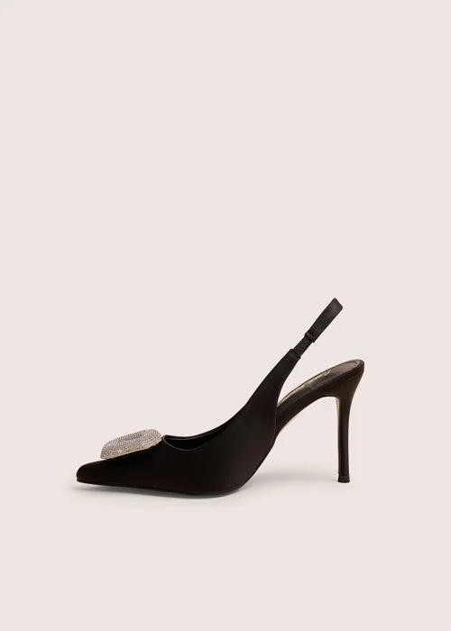 Public Desire Floss Black Satin Diamante Embellished Sling Back Court Heels - 3 Image 1