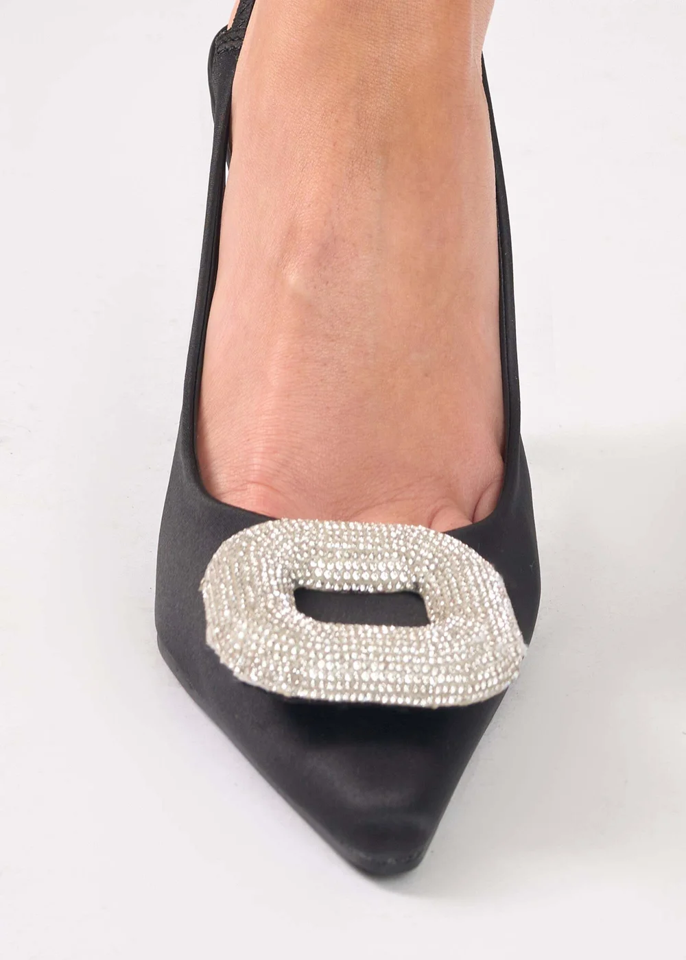 Public Desire Floss Black Satin Diamante Embellished Sling Back Court Heels - 3 Image 4