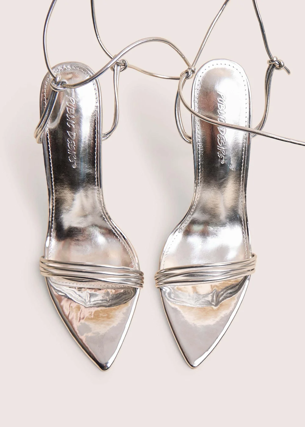 Public Desire Merlot Mirror Silver Pu Lace Up Wrap Around Pointed Toe Stiletto Heels - 4 Image 2