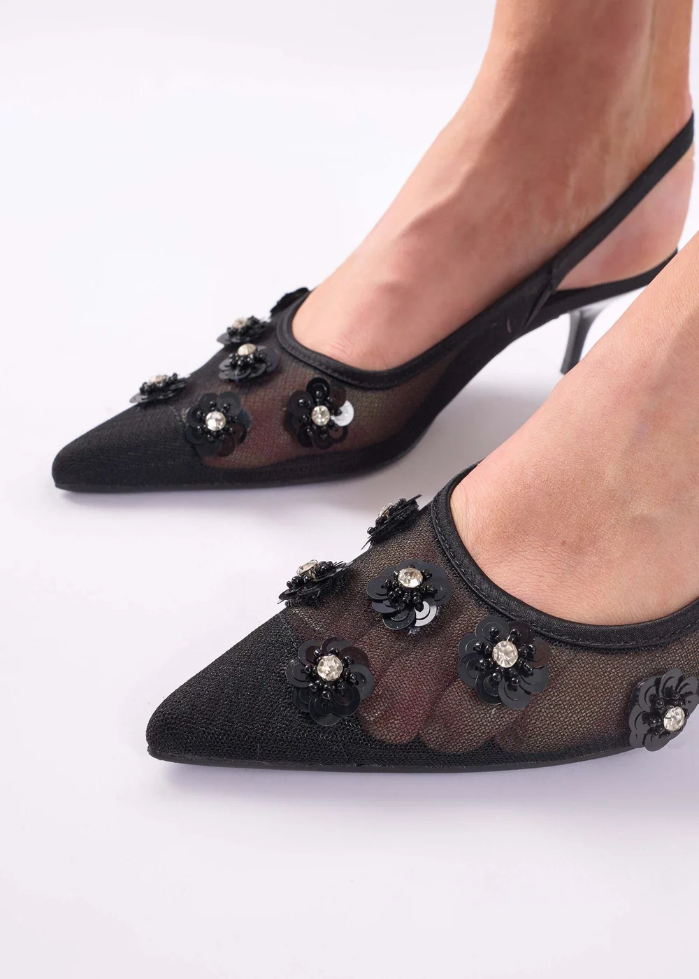 Public Desire Kyle Black Floral Embellishment Mesh Black Slingback Kitten Heel Court Shoes - 3 Image 2