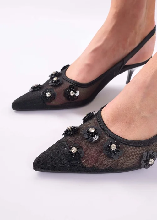 Public Desire Kyle Black Floral Embellishment Mesh Black Slingback Kitten Heel Court Shoes - 3 Image 2