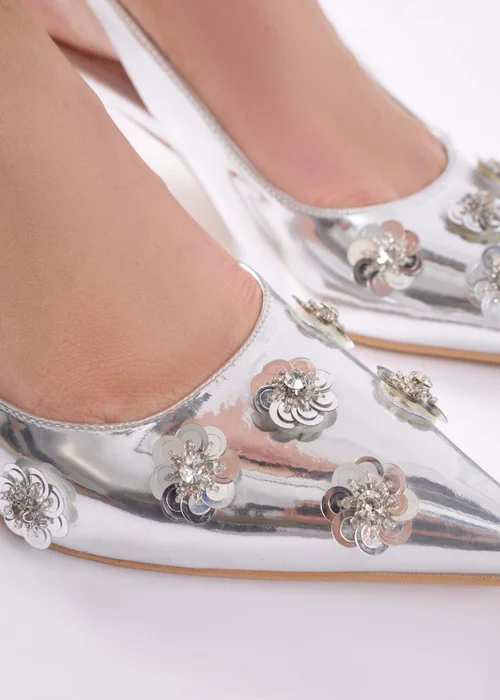 Public Desire Kyle Silver Floral Embellishment Mirror Slingback Kitten Heel Court Shoes - 4 Image 2