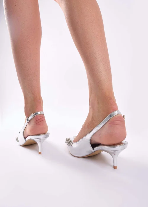 Public Desire Kyle Silver Floral Embellishment Mirror Slingback Kitten Heel Court Shoes - 4 Image 4