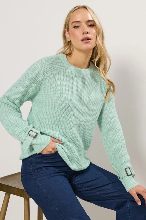 Long Tall Sally Green Knitted Buckle Sleeve Jumper - 22-24 Image 1