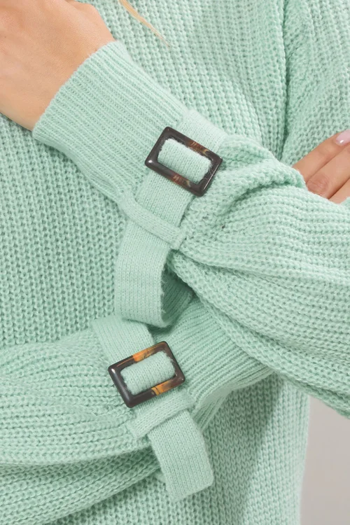 Long Tall Sally Green Knitted Buckle Sleeve Jumper - 22-24 Image 4