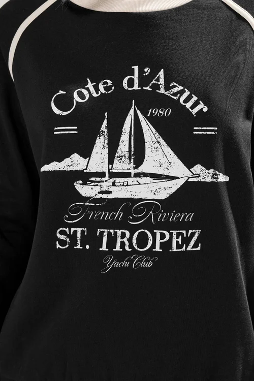Long Tall Sally Black 'Cote d'Azur' Slogan Pipe Detail Sweatshirt - 8 Image 5