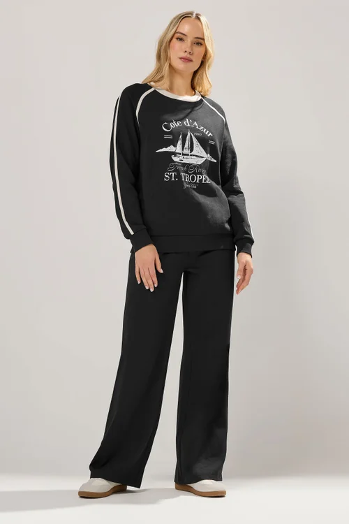 Long Tall Sally Black 'Cote d'Azur' Slogan Pipe Detail Sweatshirt - 8 Image 3
