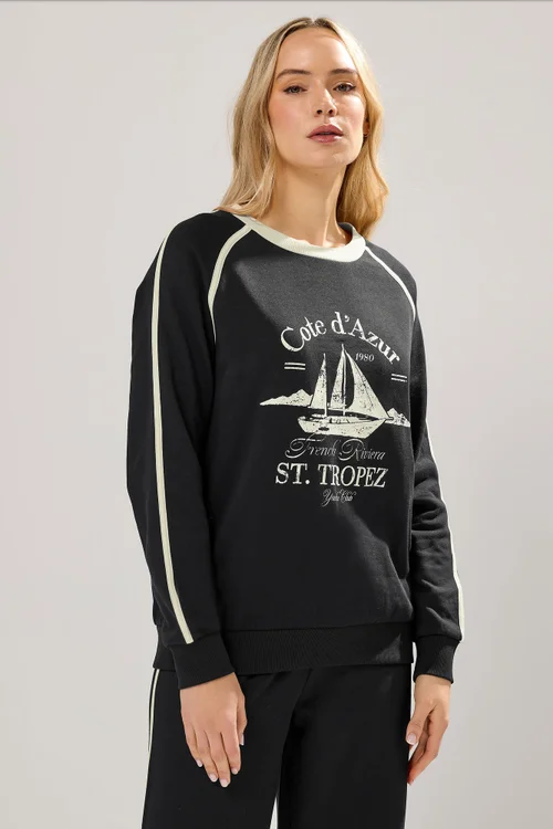 Long Tall Sally Black 'Cote d'Azur' Slogan Pipe Detail Sweatshirt - 8 Image 2