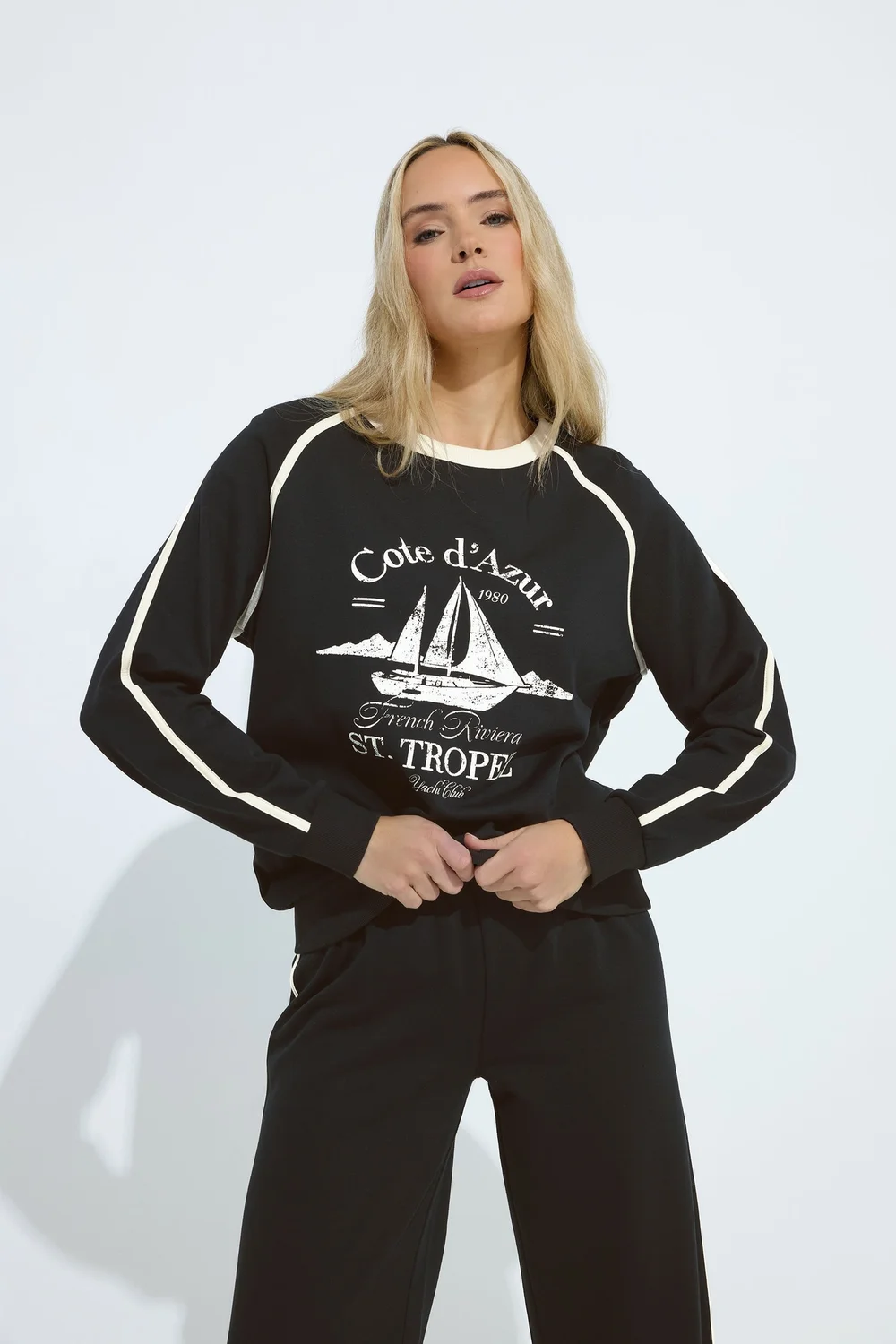 Long Tall Sally Black 'Cote d'Azur' Slogan Pipe Detail Sweatshirt - 8 Image 1