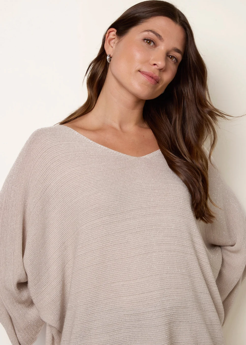 Blue Vanilla Beige Metallic V Neck Knitted Ripple Jumper - One Size Image 3