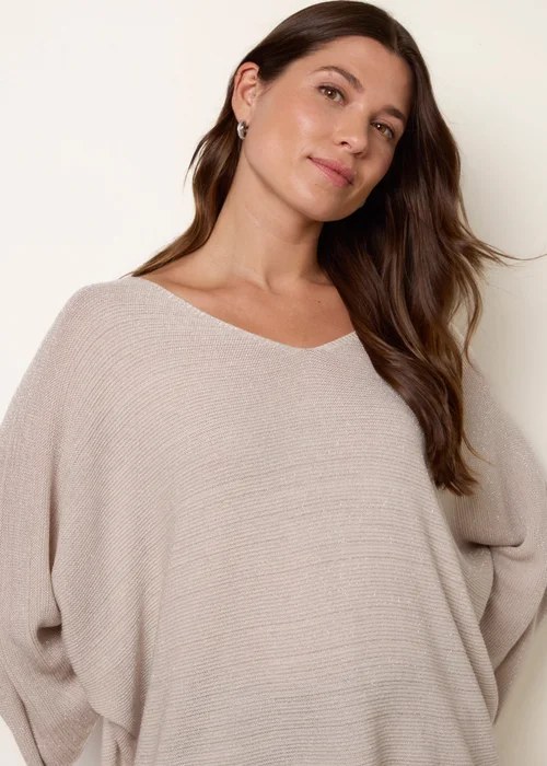 Blue Vanilla Beige Metallic V Neck Knitted Ripple Jumper - One Size Image 3